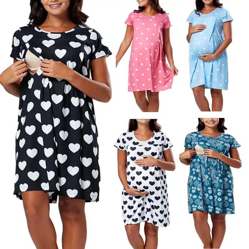 

3 in 1 Summer Dot Nursing Nightgown Nightdress Hospital Gown Delivery Labor Maternity/Pregnancy Soft Breastfeeding Dress