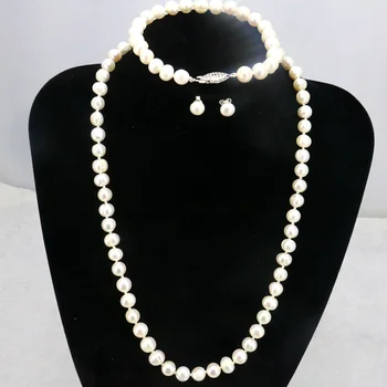 

White pearl necklace set 6-7mm DIY beaded fish buckle necklace 18" bracelet 7.5" earrings 2 piece/lot Women jewelry making gift