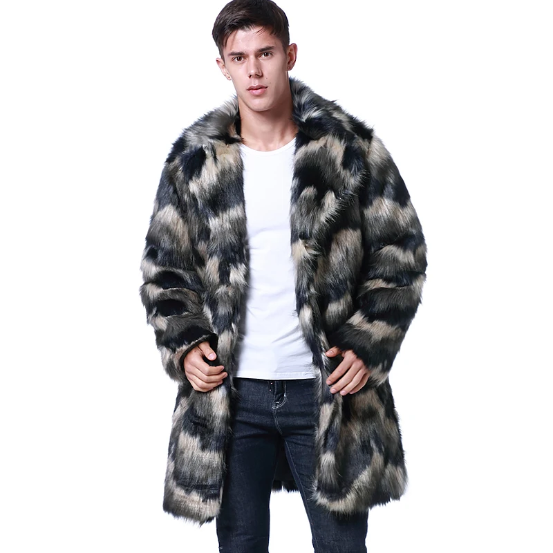 

Men Fur Coat Winter Patchwork Faux Fur Parka Outwear Fashion Men Punk Jackets Streetwear Long Fur Overcoats Windbreaker Coats