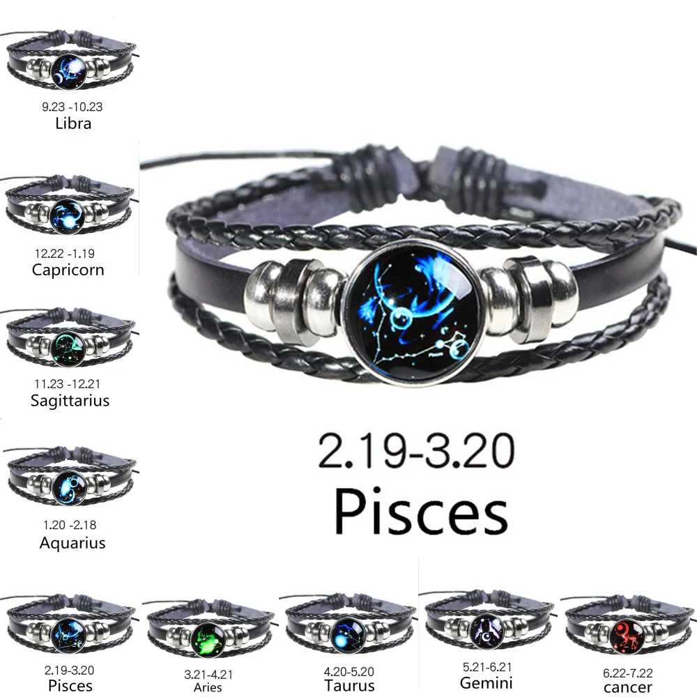Fashion 12 Constellations Leather Zodiac Sign With Beads Bangle