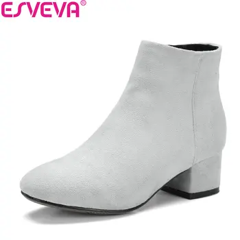 

ESVEVA 2018 Women Boots High Quality Sewing Short Plush Winter Shoes Square Med Heels Ankle Boots Ladies Boots Size 34-43