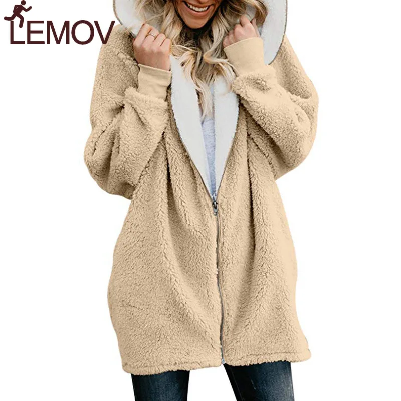  New Women Hoodies Zipper Girl Winter Loose Fluffy Hoodie Hooded Jacket Long Warm Outerwear Coat Cut