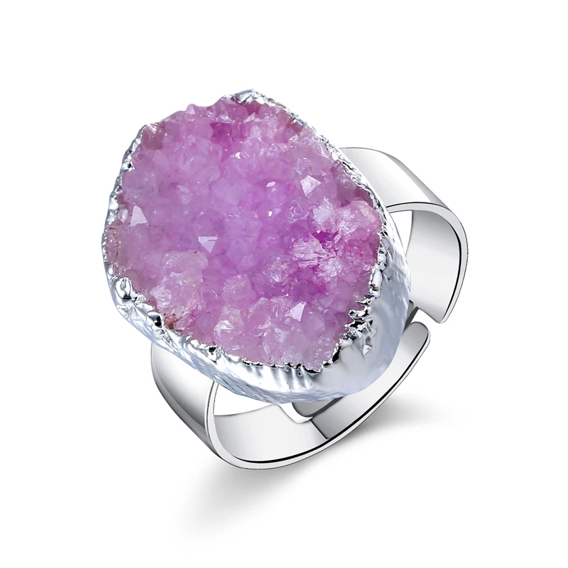 

1PC Fashion Jewelry Wedding Engagement Ring Purple Natural Stone Crystal Rings For Lovers Silver Plated Druzy Ring DR22
