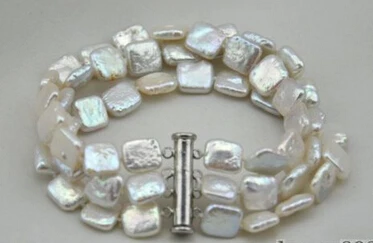 

free shipping 13402 3strands 8"10mm square white freshwater pearl bracelet