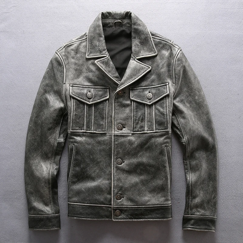

2019 Men's Vintage Gray Motorcycle Jacket Avirex Fly Large Size 100% Genuine Cowhide Suit Coats Male Brand Casual Zipper Jacket