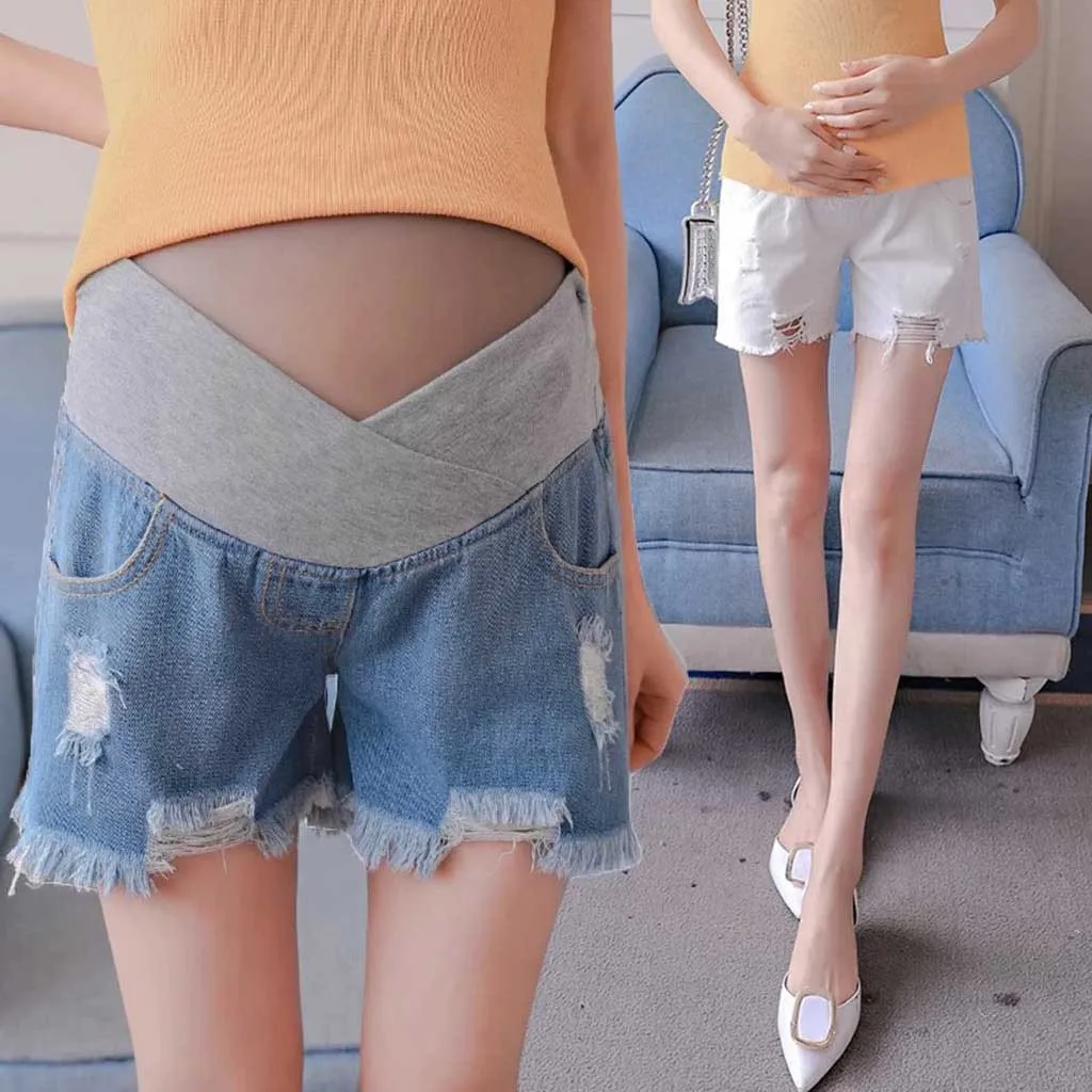 

Woman Denim Shorts Maternity Clothes Solid Short Pants Prop Belly Woman Hole Elastic Waist Short Jeans Premama Leggings Panties