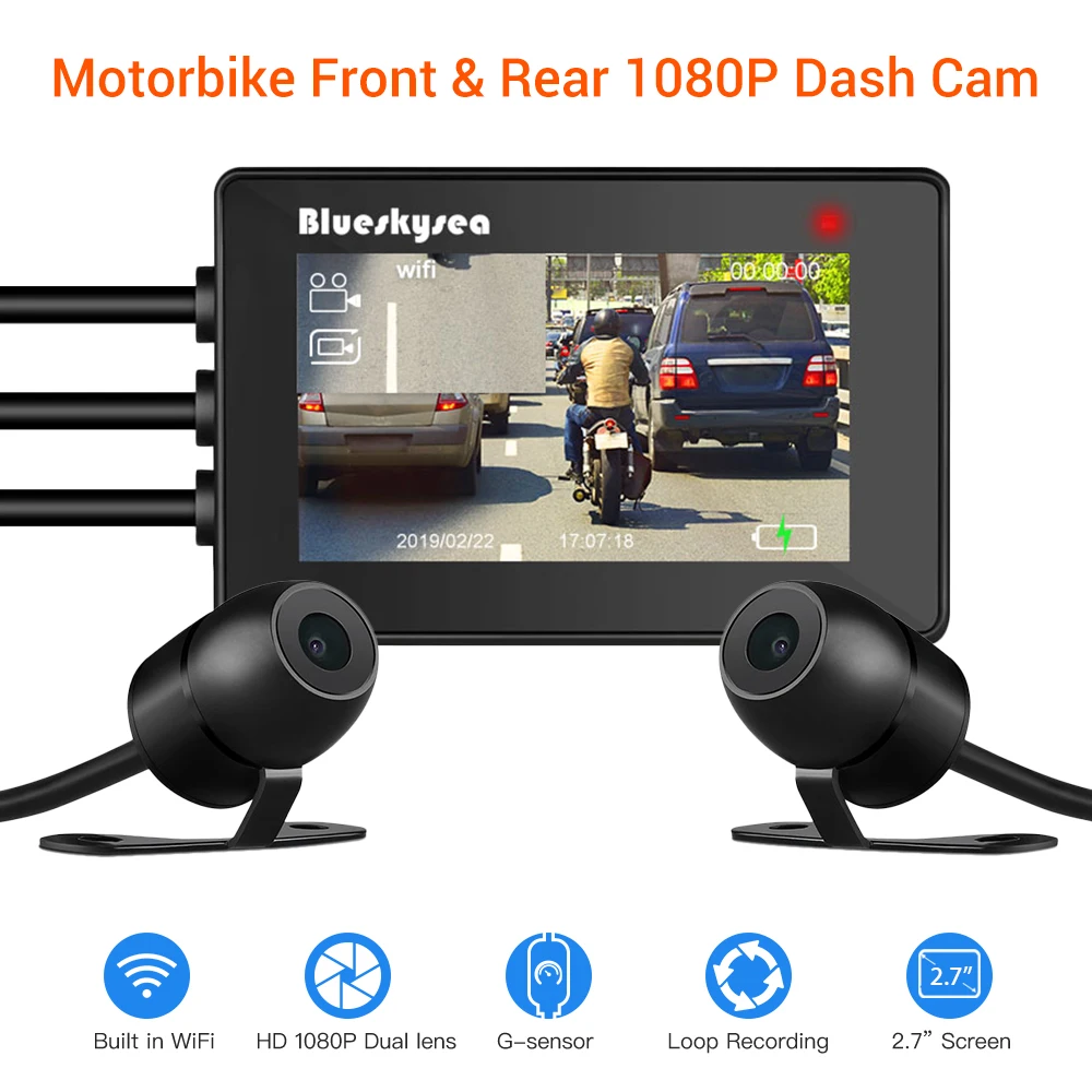 

Blueskysea DV527 WiFi Motorcycle Dash Cam Full HD 1080p Dual Camera 110 Angle Latest Version Night Vision Motorbike DVR Recorder