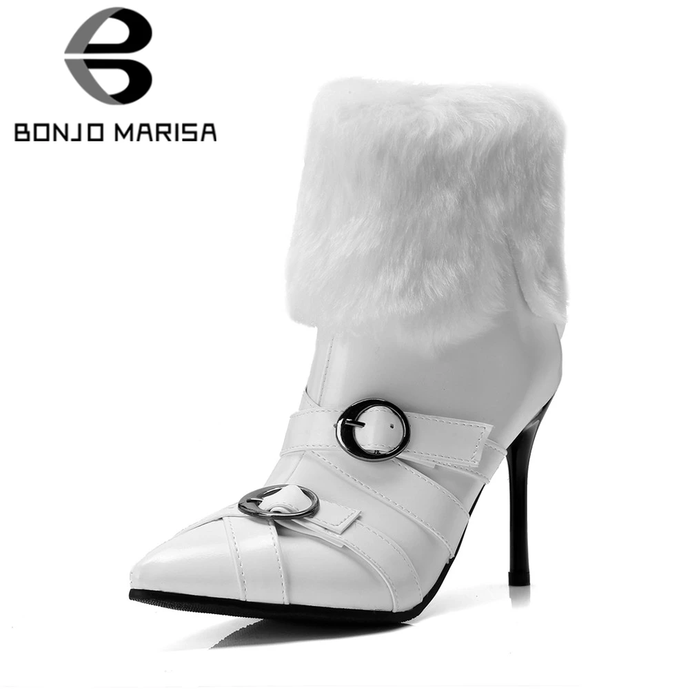 

BONJOMARISA Big Size 32-43 New Fashion Belt Buckle Pointed Toe Zip Shoes Woman Casual Party Sexy Winter Spring Ankle Boots Black
