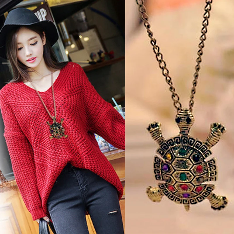 

LNRRABC Vintage Cute Women's Crystal Bronze Alloy Turtle Pendant Long Necklace Sweater Chain Pendant Necklaces Party Jewelry
