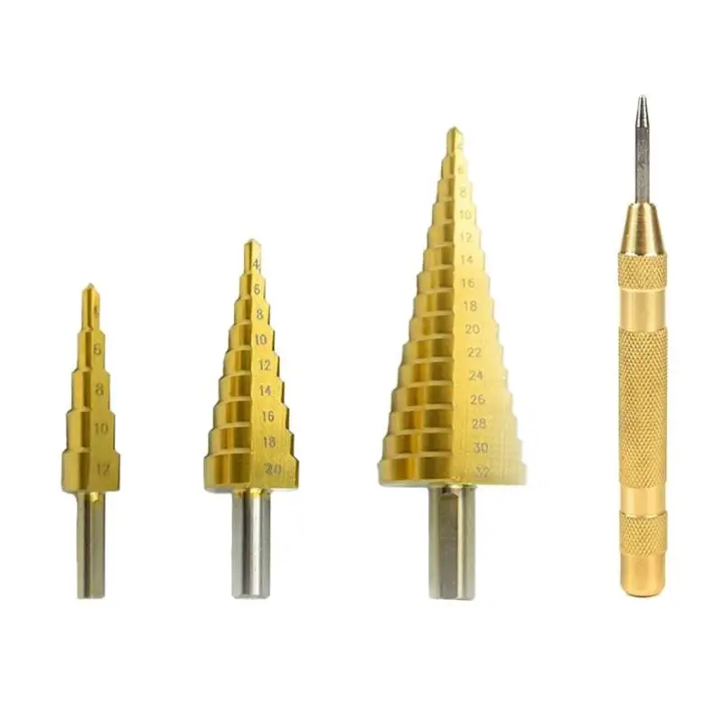 

3pcs Metal HSS Steel Titanium Cone Step Drill Bits with Center Punch Woodworking Tools Set