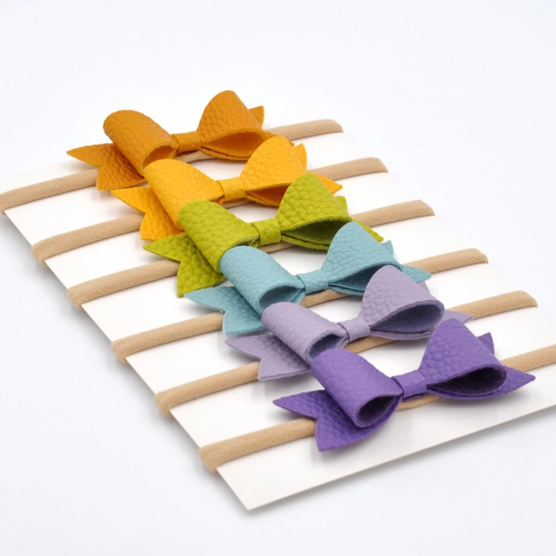

36pcs/lot 3inch Faux Leather Bow Headband Elastic Nylon Hair Band For Girls Baby Hair Accessories