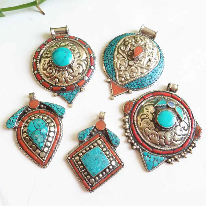 

TBP442 Nepal Hand Vintage Pendants Copper Inlaid Colorful Stone Multi Designs