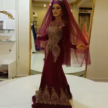 2017 Muslim Hijab Evening Dresses With Long Sleeve Lace Appliques Turkish Arabic Style Dubai Party Prom Gown Vestido De Festa