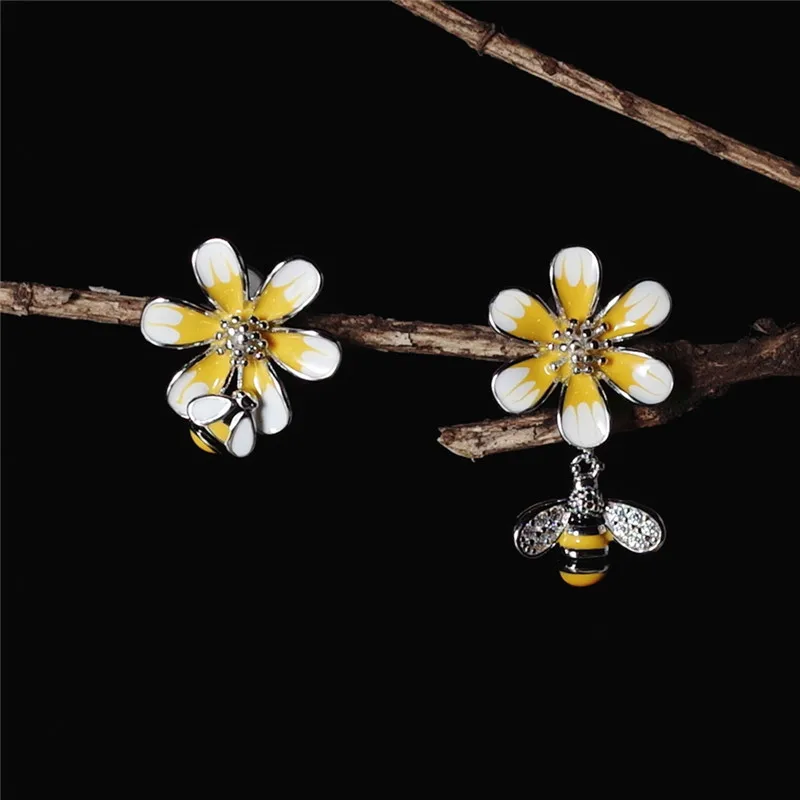 bee yellow flower asymmetric oil-drop glaze earring 100% 925 Sterling silver Jewelry fashion Hypoallergenic Stud earrings gift