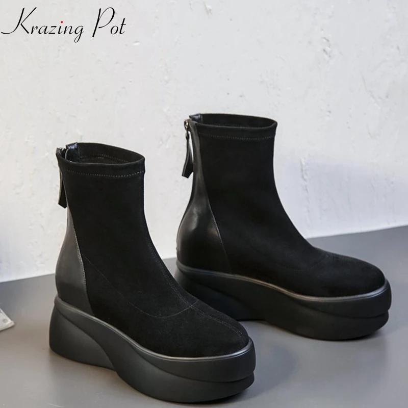 

Krazing Pot Winter flat platform keep warm velvet cow leather round toe mature superstar zipper increased motorcycle boots L7f1