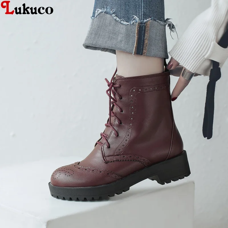 

Lukuco Retro Motorcycle Boots For Women Black Large Size 41 42 43 Handmade Shoes 4cm Heels Platform Short Plush Punk Botas