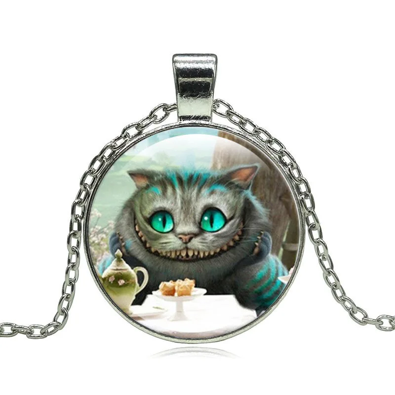 Винтаж стекло кабошон ювелирные изделия с посеребренные Чеширский кот кулон в форме длинное ожерелье-чокер для вечерние - Окраска металла: WS0061