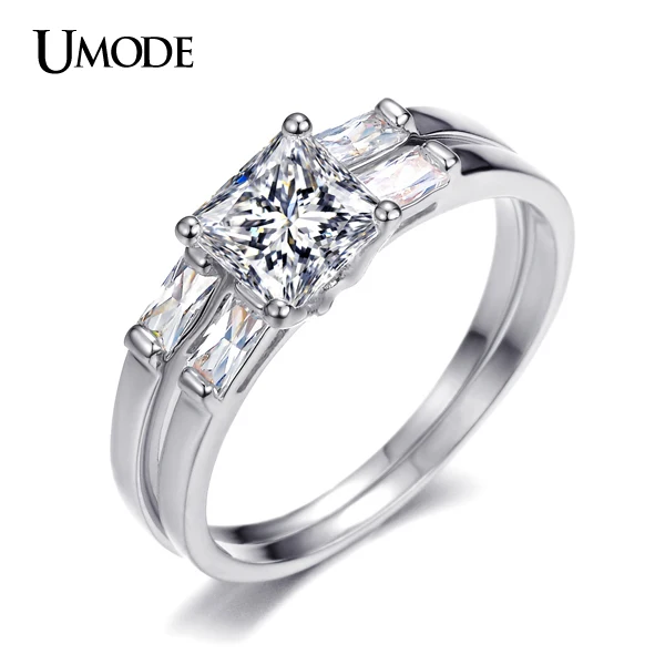 Umode 1.25 карат принцесса сона алмаз два группы кольца белый позолоченные украшения для женщин UR0194B