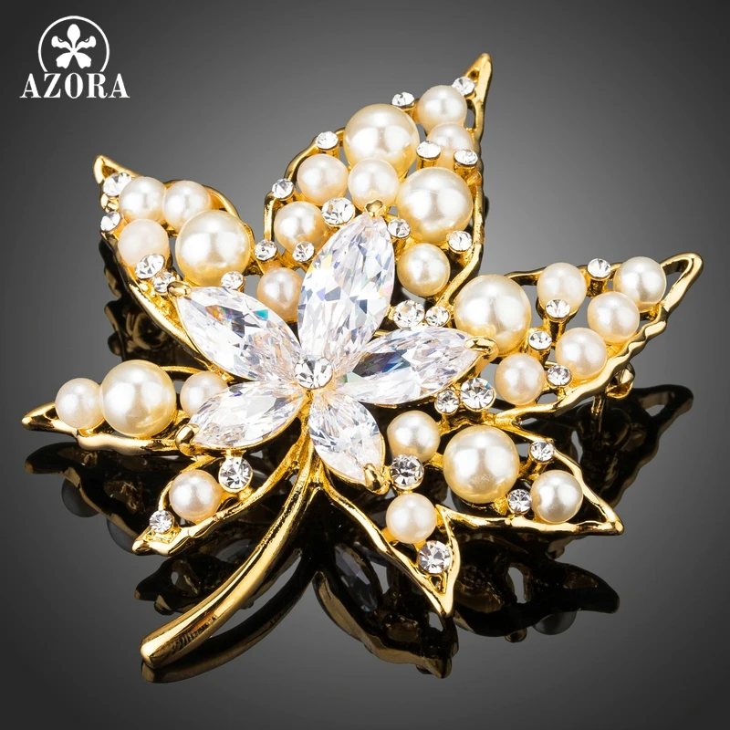 

AZORA Clear Cubic Zirconia Stone Maple Leaf Shape Brooches Rhinestone Simulated Pearl Pin Women's Garment Accessories TP0076