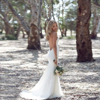 

Sexy Lace Mermaid Bridal Wedding Gowns V Neck Spaghetti Straps Backless Beach Women Dresses Summer Autumn White Ivory Dresses