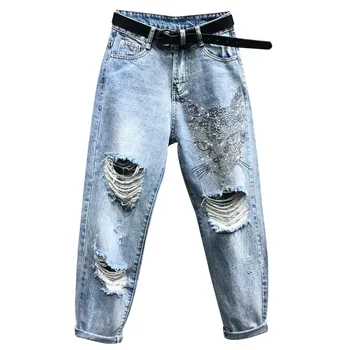 

plus size 26-31!Women Jeans Denim Loose Slim Fitted Vintage Blue Harem Pants Jeans Embroidered Jeans