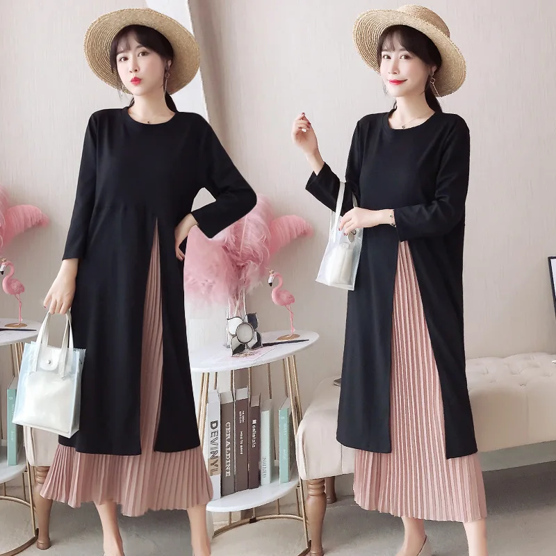 

New Spring Autumn Women Dresses Plus Size Fashion O-Neck Casual Loose Slim Patchwork Pleated Dress For Women Larger One-Piece