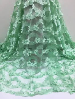 

2020 African Lace Fabric High Quality french Lace Applique Flowers Lacer Cut 3d Lace Fabric Green With beads for dress 5yards