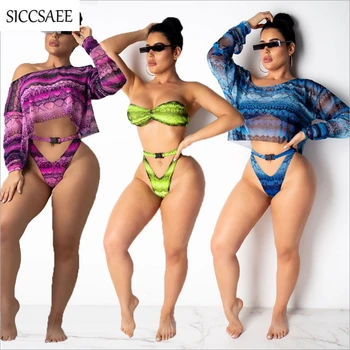 

2019 New Summer Beach Style 3 Piece Set Women Crop Top Shorts Loose Pullover Snake Skin Printed Bodysuit Sexy Cropped Outfits