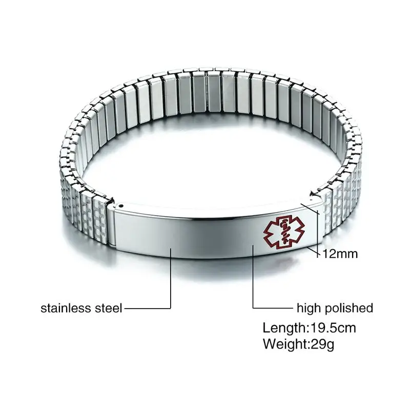 Бесплатный изготовленный на заказ гравировальный Серебряный открывающийся медицинский алерт ID растягивающийся браслет из нержавеющей стали браслет с изогнутой пластиной