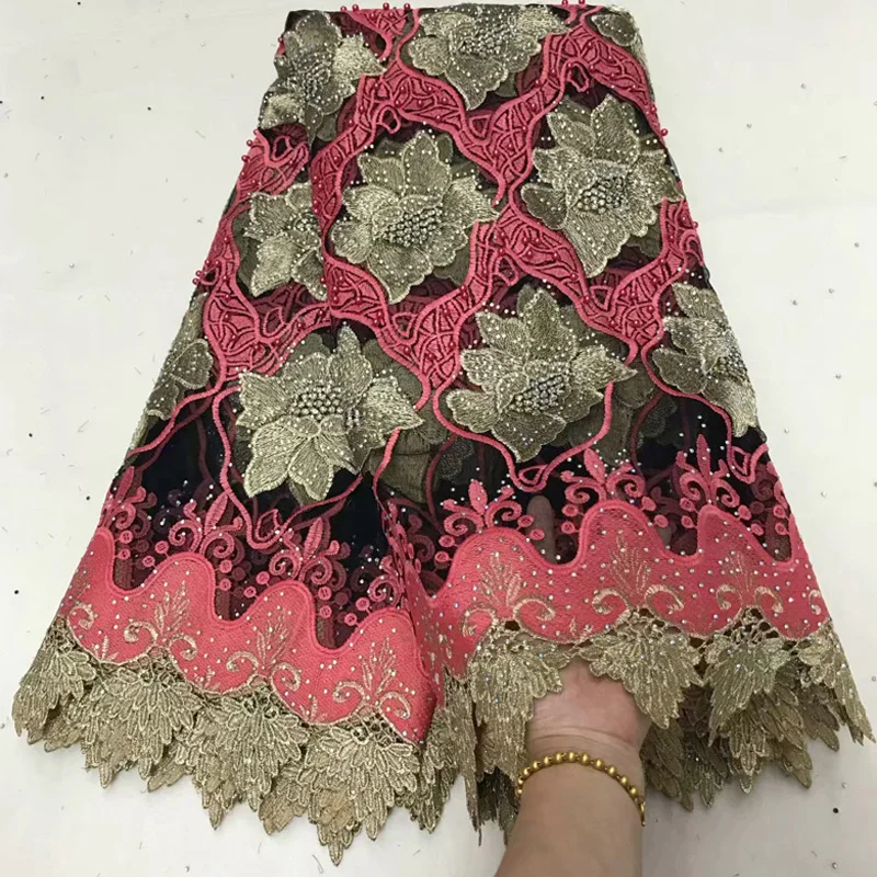 

Free shipping (5yards/pc) high quality embroidered African French net lace with lots of beads stones for party dress FLV28