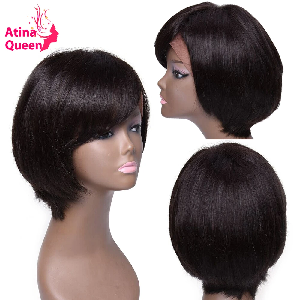 Atina 13*6 швейцарская кружевная передняя часть Pixie Cut Короткий прямой парик человеческих волос для черных женщин Remy бразильские предварительно сорванные парики