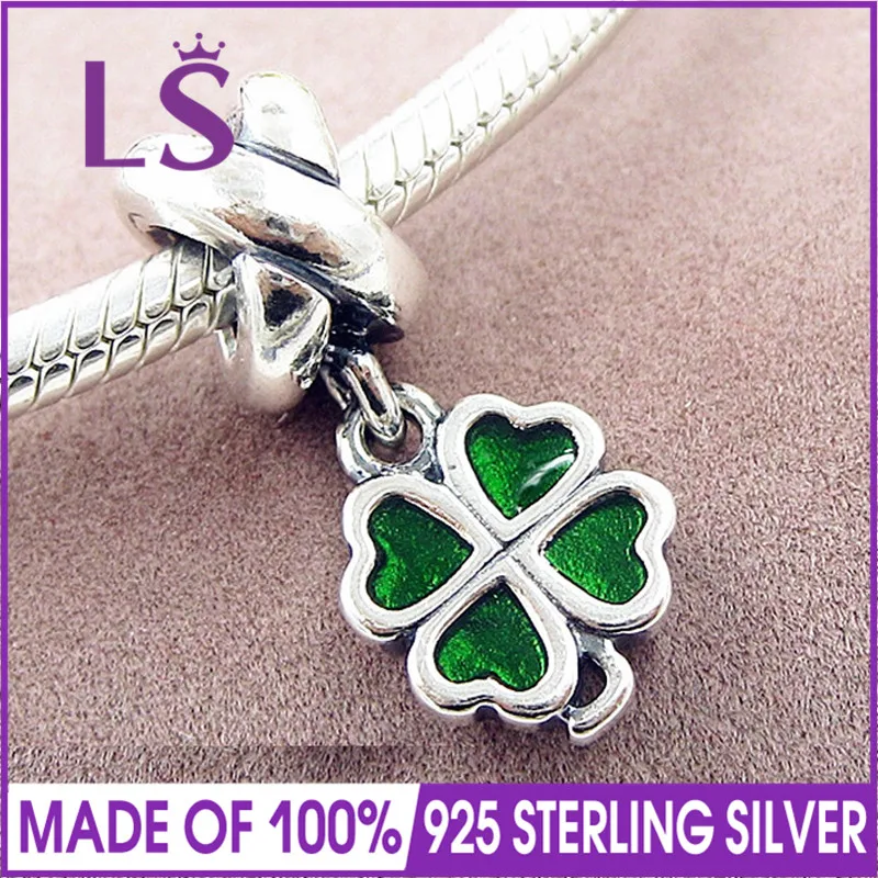 

LS High Quality 100% 925 Silver GREEN 4 LEAF CLOVER DANGLE Charm Fit Original Bracelets Pulseira Pingentes.100% Fine Jewelry.W