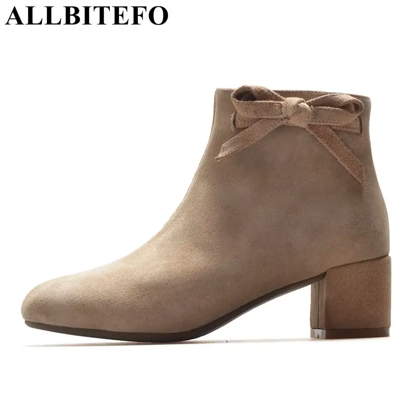 

ALLBITEFO plus size:33-43 Nubuck leather thick heel women boots fashion bowtie high heels ankle boots winter boots bota de neve