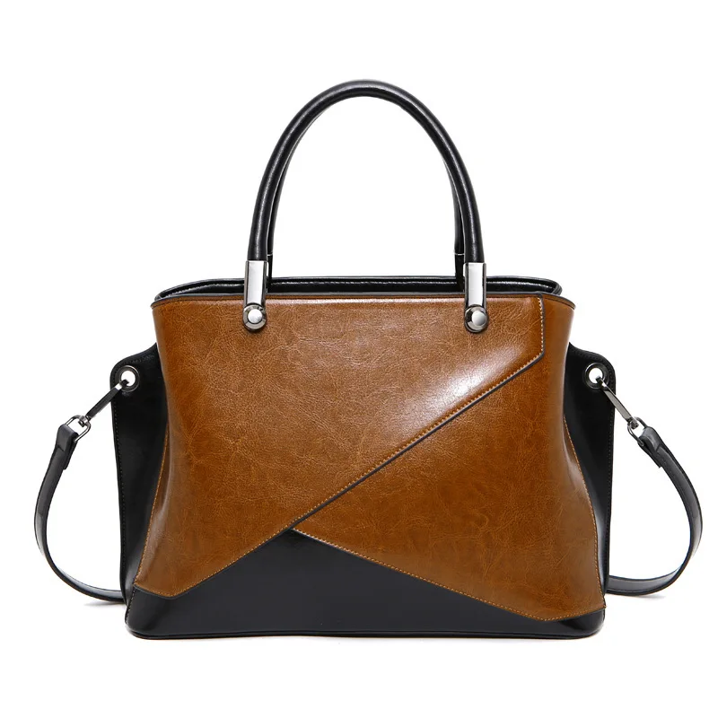 

2017 Trending Split Leather Woman Satchel Wax Oil Fashion Panelled Female Handbag Woman Tote Bag PR08566
