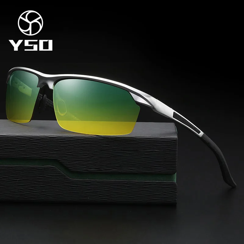 

YSO Sunglasses Men Polarized UV400 Aluminium Magnesium Frame HD Night Vision Driving Glasses Semi Rimless Accessory For Men 8529
