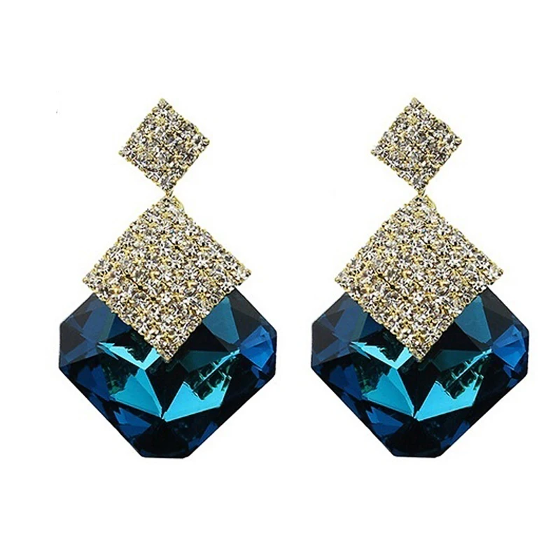 Women's Square Rhinestone Drop Earrings Trendy Big Charm Shinning
