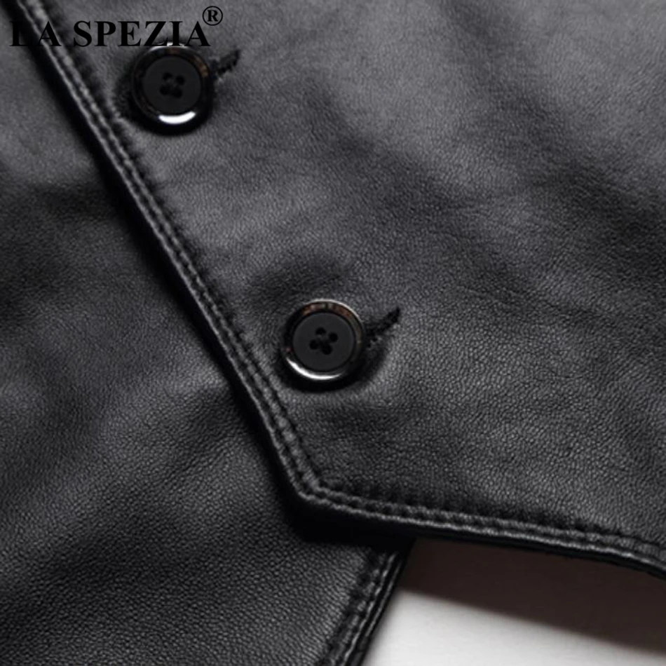 LA SPEZIA Genuine Sheepskin Leather Vest For Men Black Slim Fit Sleeveless Jacket Male Vintage Natural Leather Retro Waistcoat