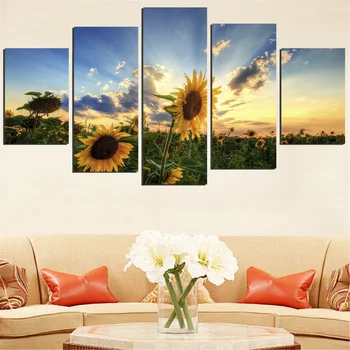 

Frameless Canvas Painting Sunflower Landscape Picture Setting Sun Scenery Modern Wall Sticker for Home Decoration Modular 5Pcs