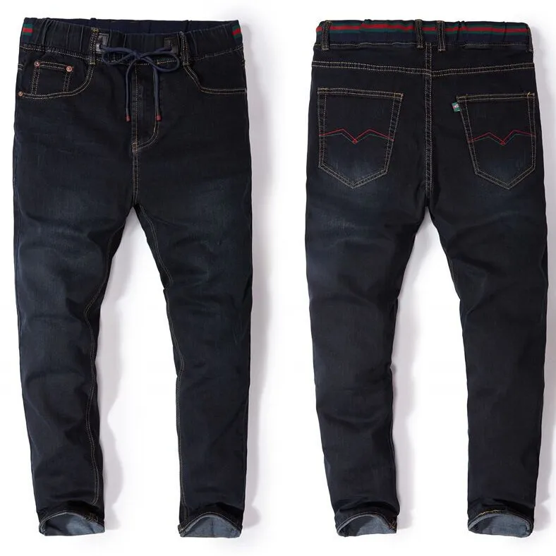Goedkoop 7XL plus Size Hoge Taille Lange Broek Elastische Jeans Rechte Broek Lente Trekkoord Mannelijke Zachte Denim baggy Broek 150 kg