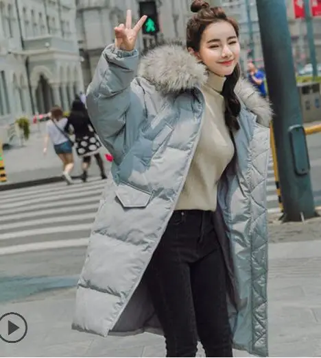 Water blue graY coll Новинка, Повседневная зимняя женская куртка с меховым воротником, пуховое Стеганое пальто, толстая Свободная Женская пуховая стеганая куртка, теплая Женская парка LY1213 - Цвет: Water blue graY coll