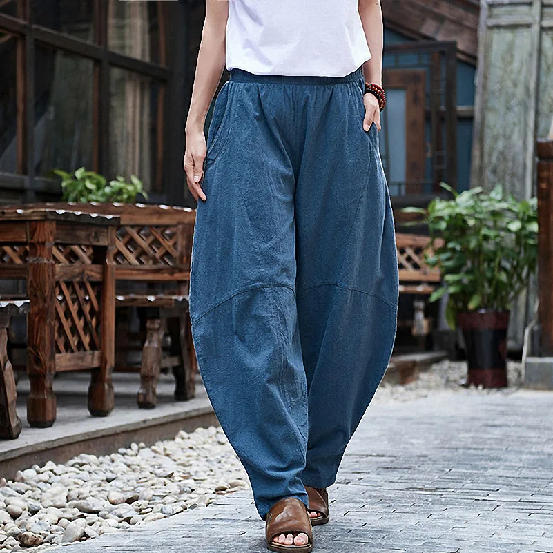 

QPFJQD Pockets Loose Long Harem Pants Women Elastic Waist Casual Pantalon Female Retro Sand Wash Soft Cotton Linen Trousers 2019