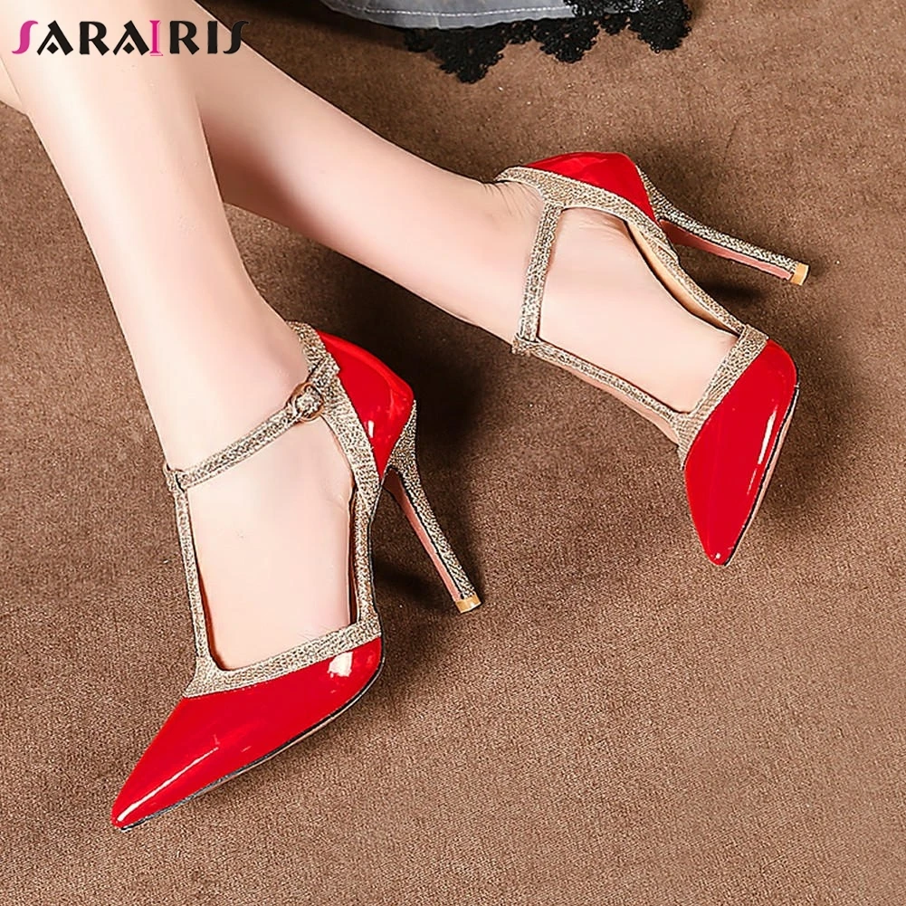 SARAIRIS New Fashion T Strap Solid Thin High Heels Cover Heel Shoes