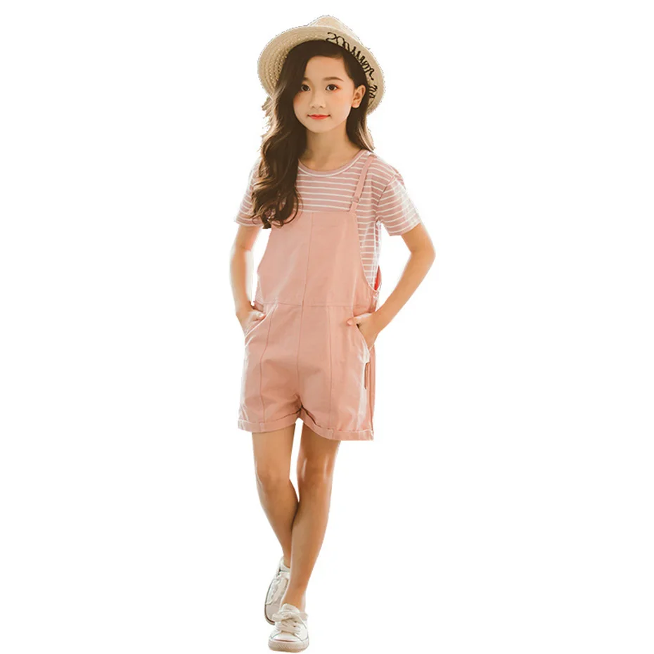 

Kids Girls Clothes Set Striped T Shirt + Solid Jumpsuit 2PCS Girls Set Teenage Children Summer Clothing 6 8 10 12 13 14 Year
