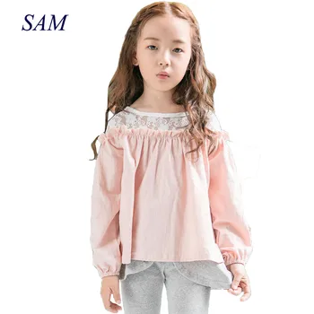 

2019 new girls spring fashion T shirt children hollow lace stitching tops kids loose long sleeve tees child solid clothes