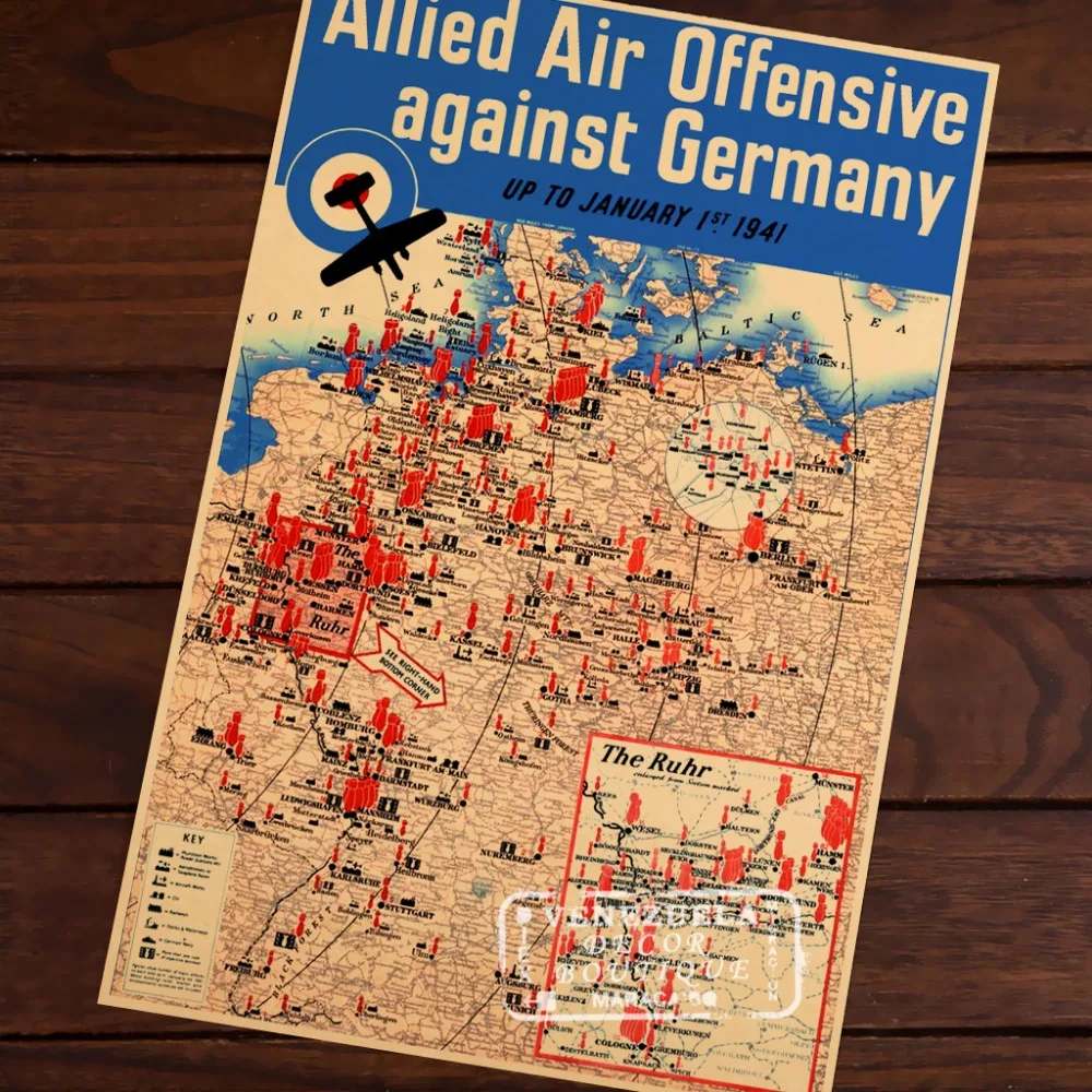 

40s Allied Air Offensive Against Germany Map Vintage Retro Kraft Decorative Poster Maps Home Bar Posters Wall Canvas Sticker Dec