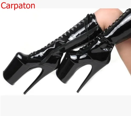 

Sexy 20CM Thin High Heels 9CM Platform Lace Up Patent Leather Boots Side Zipper Mid- Calf Winter Motorcycle Boots Big Size