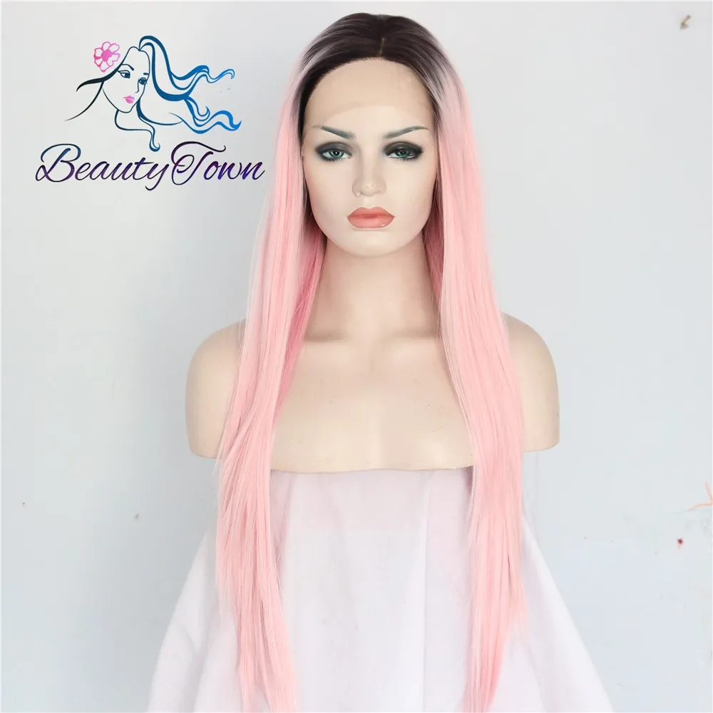 BeautyTown черный ombre розовый цвет Glueless термостойкие волосы ручной вязки парик для косплея синтетические кружевные Передние Вечерние парики подарок