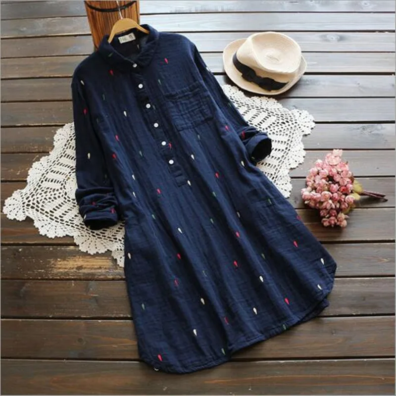 

Mori Girl Autumn Winter Shirt Dress Turn Down Collar Adjustable Long Sleeve Blue White Colorful Dot Embroidery Dress QC215