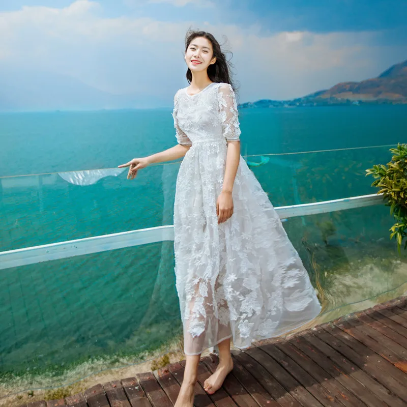 

CBAFU 3D flowers embroidery white mesh long maxi dresses ukraine rockabilly high quality party dress beach holiday runway X748