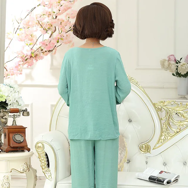 Green New Women Casual Pajamas Set Home Clothes Lady Print Cotton Pyjamas 2018 Spring Autumn Flower Nightwear M L XL XXL YZ91